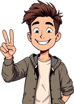 Cartoon illustration of a happy young man making the victory sign with his hand vector