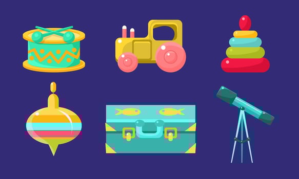 Kid Toys and Baby Care Supplies Set, Child Belongings, Whirligig, Suitcase, Telescope, Drum, Toy Tractor, Pyramid Illustration vector