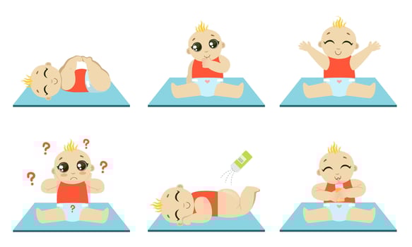 Cute Happy Baby Daily Routine Set, Adorable Kid Sitting, Playing, Drinking Milk Illustration vector