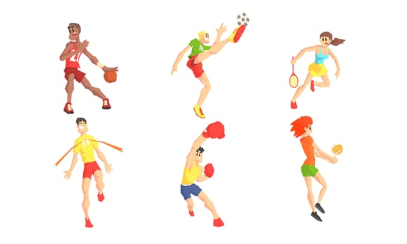 People Performing Various Sports Activities Set, Young Men and Women Running, Playing Basketball, Soccer, Tennis, Volleyball Illustration vector