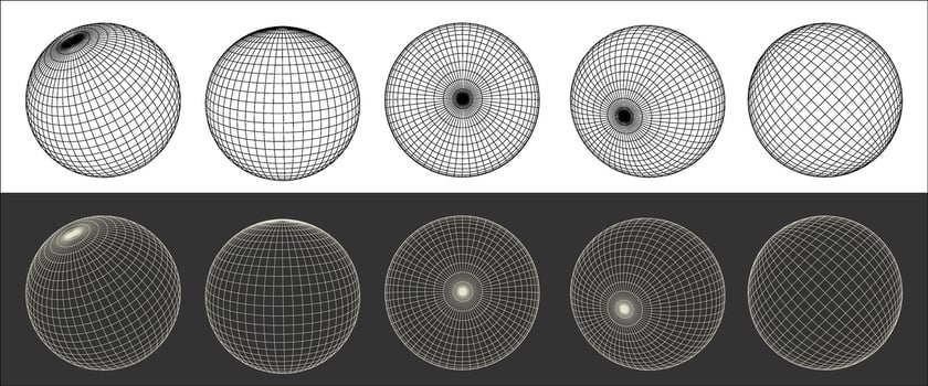 sphere graphic asset in a retro futuristic style, featuring wireframe elements in various forms and bold modern shapes, ideal for design templates, posters, banners, clothing, stickers, and other vector