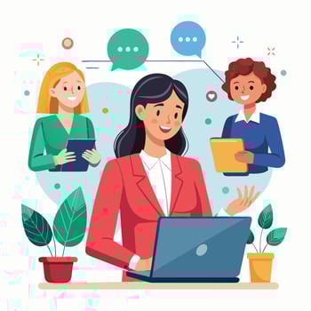 businesswoman working on laptop with chat bubbles and speech bubbles vector
