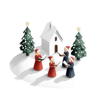 A festive gathering of carolers singing near a charming holiday cottage. png