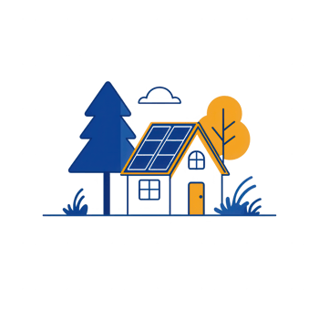 A cozy house with solar panels surrounded by green trees and nature. png