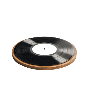 A classic vinyl record spinning on a wooden turntable, evoking nostalgia and music. png