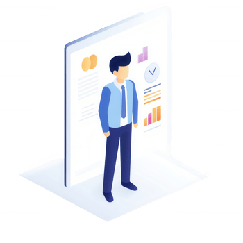 A businessman analyzing data and charts on a digital screen for strategic decisions. png