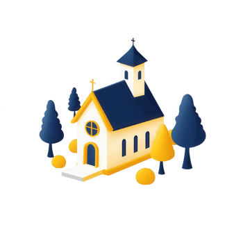 A charming church surrounded by colorful trees, blending nature and architecture. png