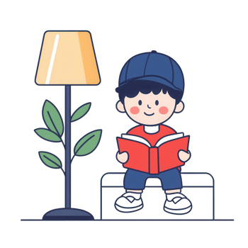 A cheerful boy reading a book while sitting beside a lamp and plant. png