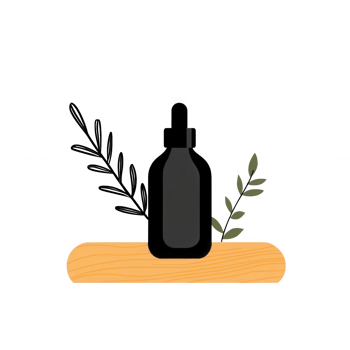A dark glass bottle with a dropper sits on wood, surrounded by herbs, depicting natural wellness. png