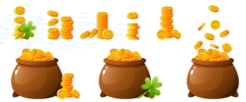 Set of different pots of gold, cauldron with coins with the image of a shamrock. Thematic element of the design of the celebration of St. Patrick's Day. Clover, stack of coins, tower of gold money. vector
