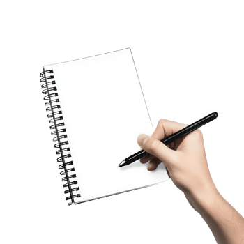 A hand holding a pen above a blank notebook, ready for notes or sketches. png