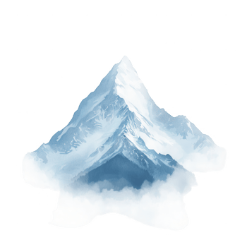 A majestic mountain peak crowned with snow, surrounded by soft clouds and blue sky. png