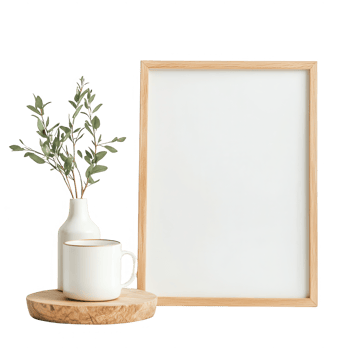 A minimalistic setting featuring a plant, mug, and empty frame for creative inspiration. png