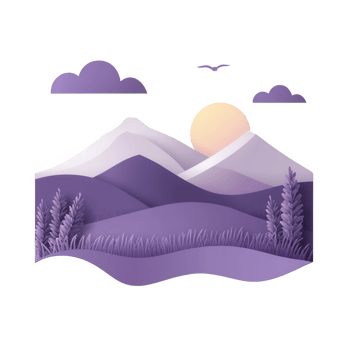 A serene mountain landscape showcasing purple hues at sunset with soft clouds. png