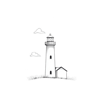 A stylized lighthouse illustration with clouds and grass, symbolizing guidance and safety. png