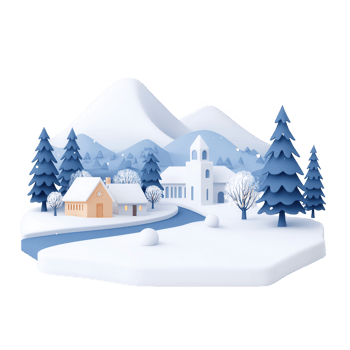 A serene winter landscape featuring snow-covered mountains and quaint houses. png