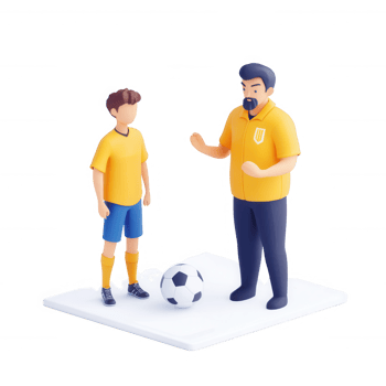 A soccer coach instructing a young player on the field during practice. png