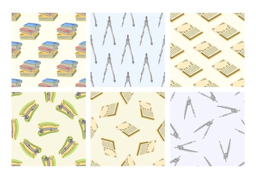 Set of seamless patterns with books, compasses and stationery in flat style vector