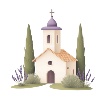Charming illustration of a quaint church surrounded by lush greenery and lavender flowers. png