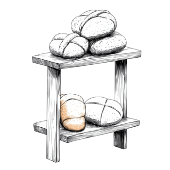 Artistic display of rustic bread loaves on a wooden shelf in a cozy kitchen setting. png