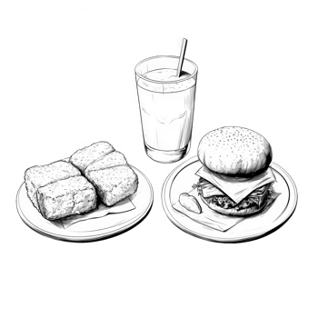 Delicious burger with sides and drink in a simple monochromatic illustration. png