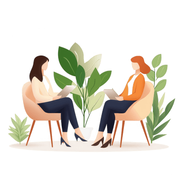 Two women engaged in conversation amidst lush, vibrant plants in a cozy setting. png