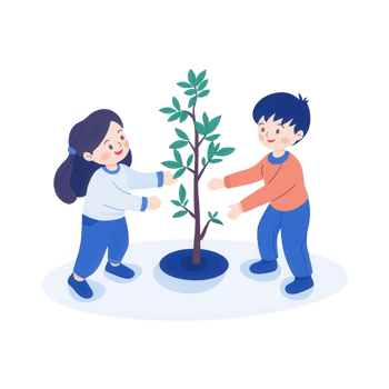 Two children joyfully planting a tree together in a vibrant, green environment. png