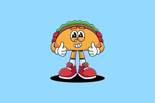taco mexican food retro cartoon character mascot illustration with standing pose and showing thumbs up hands for restaurant, food court, cafe mascots and merchandise vector