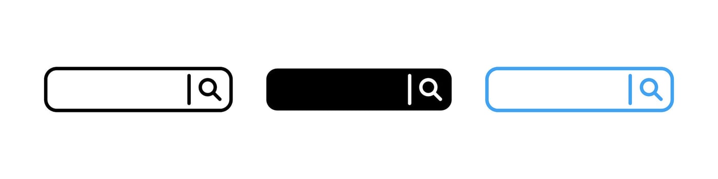 Search bar outline icon. Web browser search bar navigation element. Finder button. Search form field with magnifier glass pictogram. Website address frame concept. vector