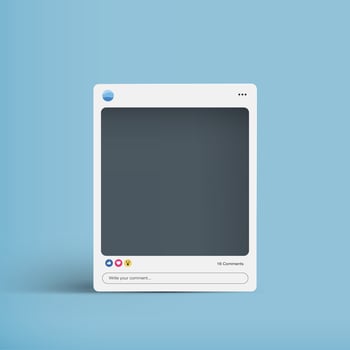 Social media post frame, square shape on blue background with realistic shadow, online media post mockup template. vector