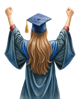 Female graduate celebrating outdoors in her cap and gown png