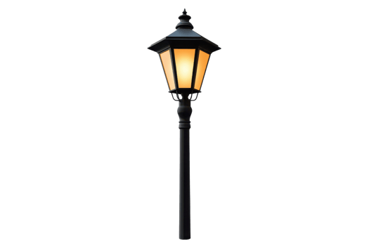 Classic black street lamp with a warm glow, standing alone on a transparent background, perfect for urban and vintage designs. png
