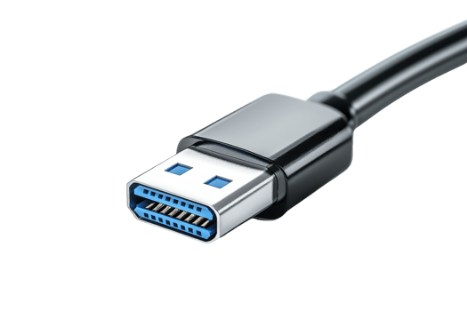Close-up of a black USB cable with blue connectors on a transparent background. showcasing modern technology and connectivity essentials. png