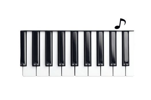 Close-up of a piano keyboard with eight white and black keys, showcasing a musical note. Perfect for music themes and creative designs. png