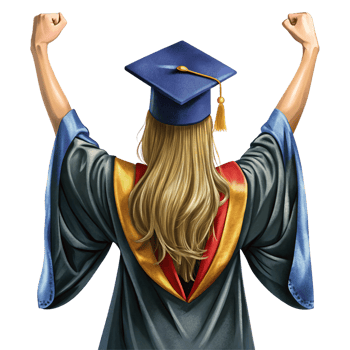 Graduate woman standing tall in her cap and gown png