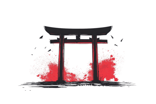 Artistic illustration of a traditional Japanese torii gate with red watercolor elements, symbolizing culture and spirituality in Japan. png