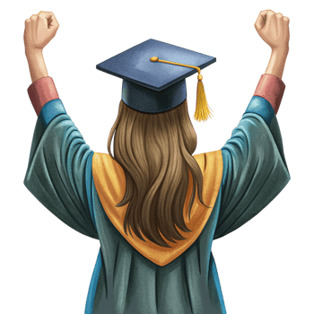 Female graduate outdoors in her cap and gown seen from behind png