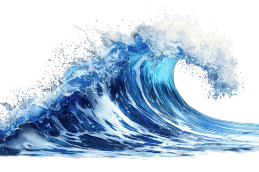 A dynamic, powerful ocean wave captured mid-crash, showcasing nature's force and beauty with vibrant blue tones and foamy splashes. png