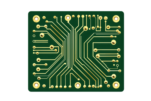 Close-up of a green circuit board with gold connectors, showcasing intricate electronic design and technology components. png
