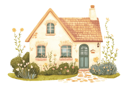 Charming hand-drawn cottage with a tiled roof, surrounded by a colorful garden. Ideal for illustrating quaint, cozy home designs. png