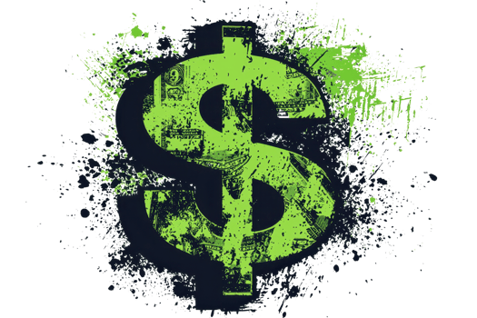 Artistic grunge-style illustration of a dollar sign splattered with green paint, symbolizing financial creativity and urban street art. png