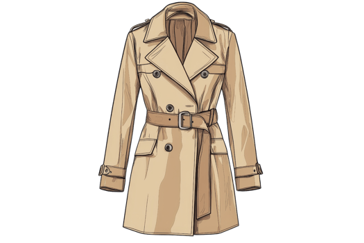 Elegant beige trench coat with double-breasted design and belt, perfect for fashion and seasonal layering in stylish outerwear collections. png