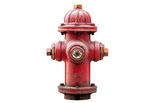 Close-up view of a weathered red fire hydrant isolated on a transparent background, showcasing its unique textures and metal details. png