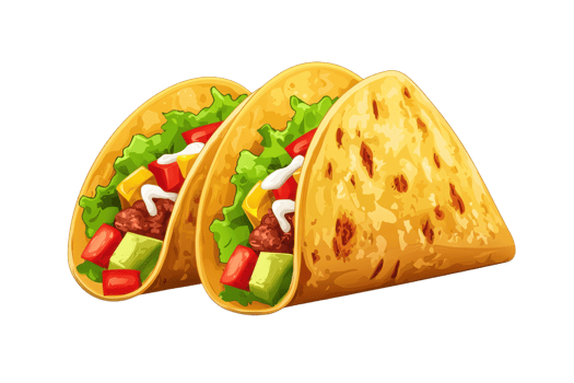 Colorful tacos with fresh toppings, including lettuce, tomatoes, cheese, and avocado, in a crispy shell. Mexican food concept. png