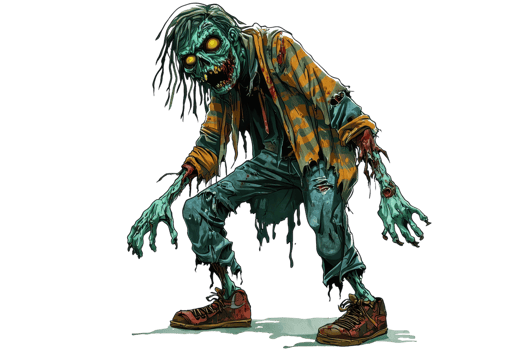 Creepy zombie in ragged clothing with glowing eyes and twisted posture, perfect for horror themes and Halloween decorations. png