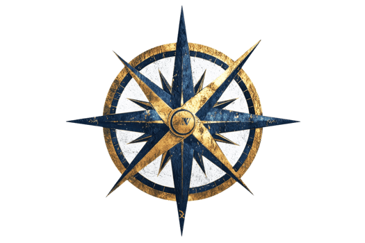 Elegant compass rose design with intricate blue and gold detailing, symbolizing guidance, direction, and exploration on a transparent background. png
