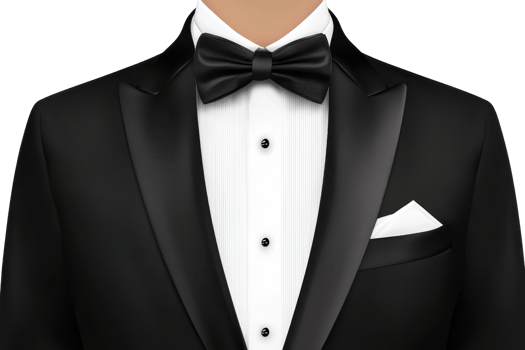 Elegant black tuxedo with a classic bow tie and pocket square, perfect for formal events and special occasions. Timeless style and sophistication. png
