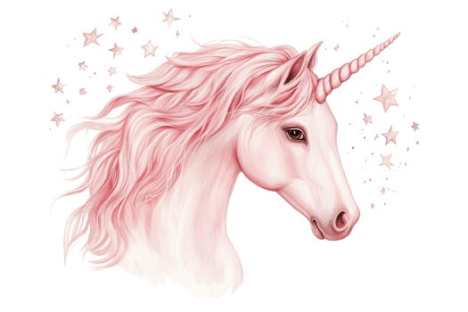 Elegant pink unicorn illustration with flowing mane and magical stars, perfect for fantasy or fairytale themes. png