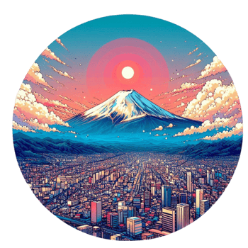 a city with a mountain in the background, with a sunset in the sky png