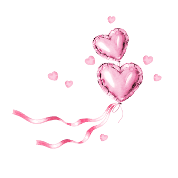 watercolor hand drawn composition with pink and metallic foil air balloons, heart shape metallic balloon for Valentine day, sketch of event decoration png
